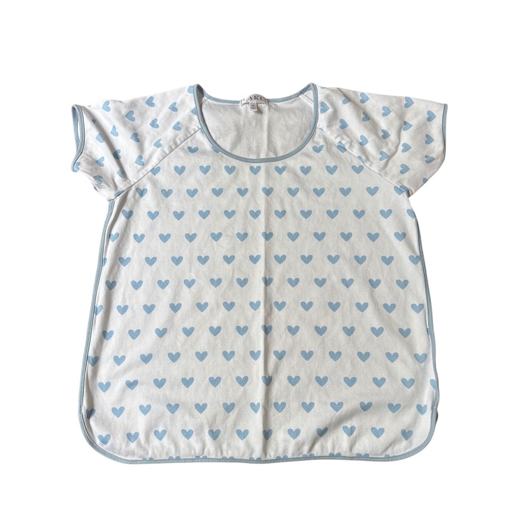 LAKE Pajamas Top Women White Blue Heart Print Pima Cotton Sleepwear SIZE SC